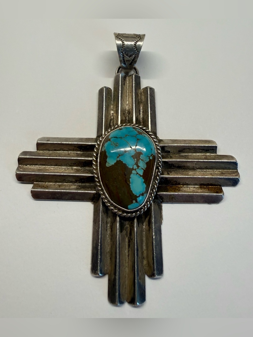 Sterling Silver Turquoise Cross Pendant 3.75" Signed